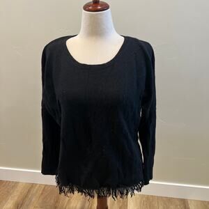 GRIFFEN Women's Cashmere Fringed Long Sleeve Sweater Size XL In Black